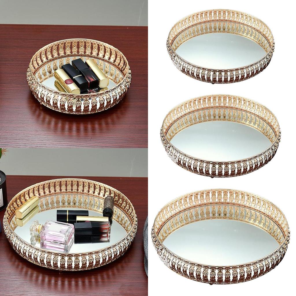 Stor Dekorativ Bricka , Vintage Glas Smyckesbricka med Spegelbotten Sminkbord Organizer Hemprydnad