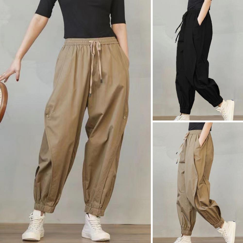 Lady Harem Pants Loose Drawstring Pockets Streetwear Deep Crotch Ankle Banded Aesthetic Lady Cargo Trousers Women Clothing