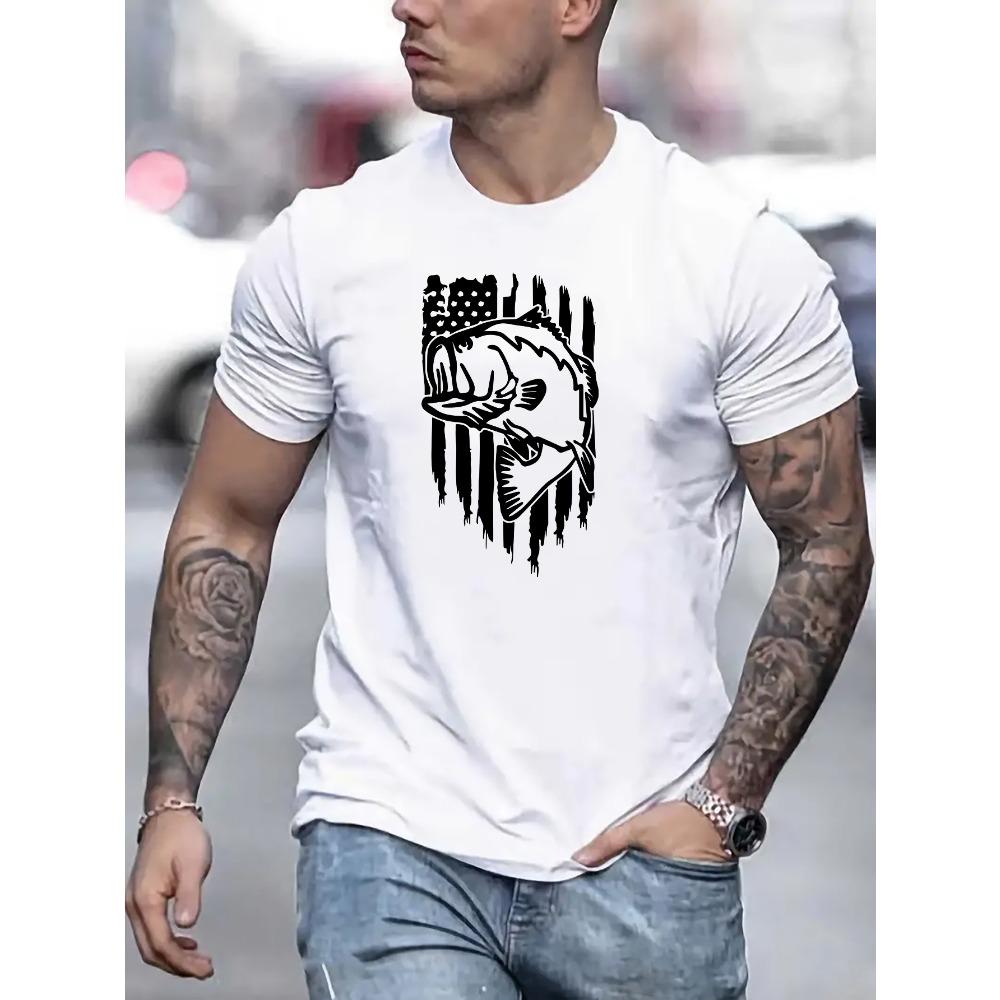 Europäische Größen [T-Shirt mit Fisch- und US-Flaggen-Print] Sommerlich Lässig Fisch- und US-Flaggen-Print T-Shirt - T-Shirts Für Herren - Kurzarm