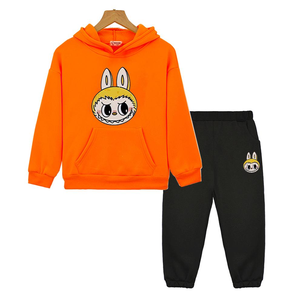 Labubu Kawaii Anime hoodie Fleece sweatshirt pojkar flickor Huvförsedda Set Tecknad Jacka 2st tröja+byxor barn boutique kläder
