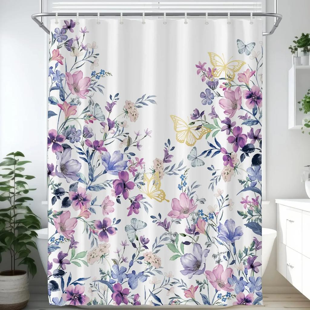 Waterverf Bloemen Douchegordijn, Vintage Pruimenbloesem Tropische Plant Groen Blad Vogel Elegantie, Badkamer Decoratie Set Met Haken