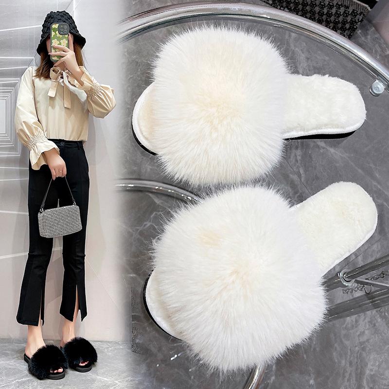 Foreign Trade Slippers, Long-haired Slippers, Women's Summer Wear, Hairy Slippers Flat Bottom, One-word Drag, Autumn and Winter