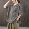Women's Summer Plaid Short Sleeve Loose Standing Collar Large Size Pullover Short Sleeve