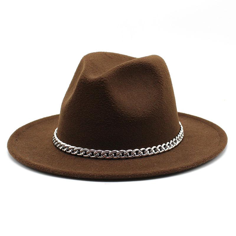 Woolen Jazz Top Hat Men'S And Women'S Chain Retro Flat-Brimmed Straight-Brimmed Big-Brimmed Felt Hat