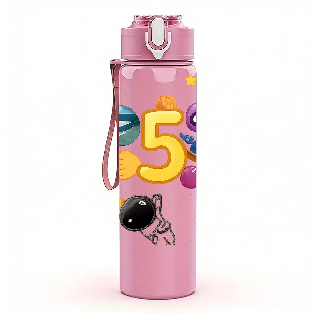 1PC Number 5 Balloon Birthday Print 750ml Color Plastic Sports Water Bottle Leakproof Flip Straw Lid Suitable for Sports Office Home Use