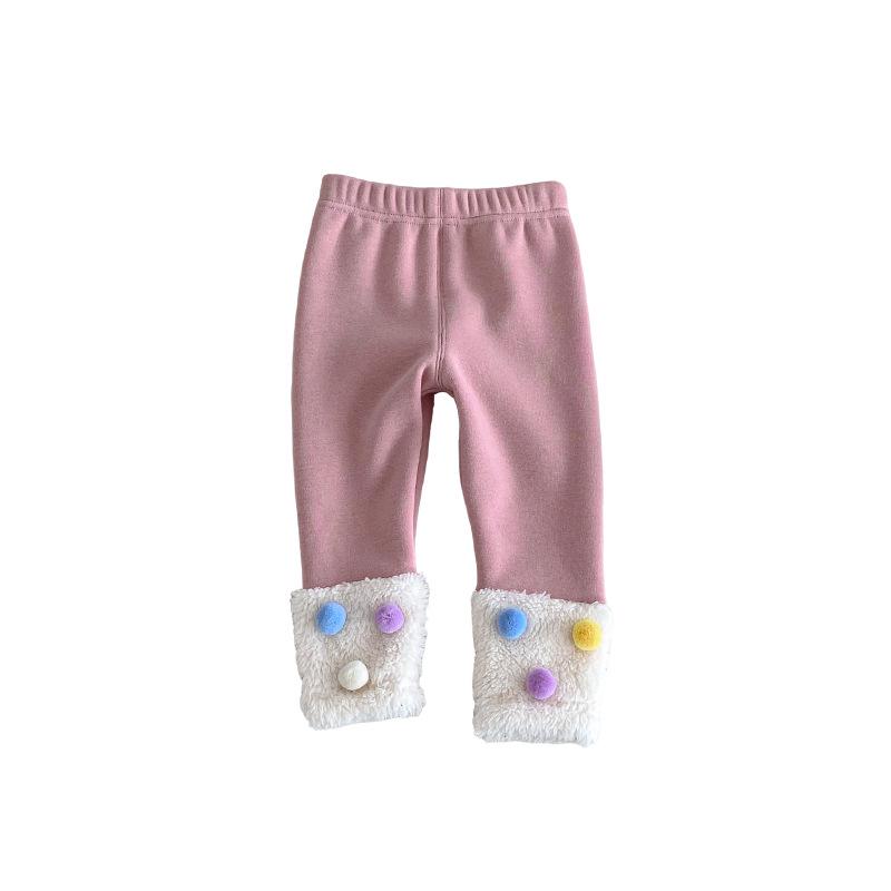 2025 Winter Korean Style Girls' Patchwork Pom-Pom Leggings - Trendy Thickened Pants for Stylish Kids