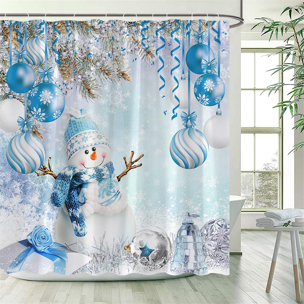 Christmas Gingerbread Man Snow Shower Curtains Set ,Colorful Xmas Balls Polyester Fabric Winter Xmas Tree Bathroom Curtain Decor