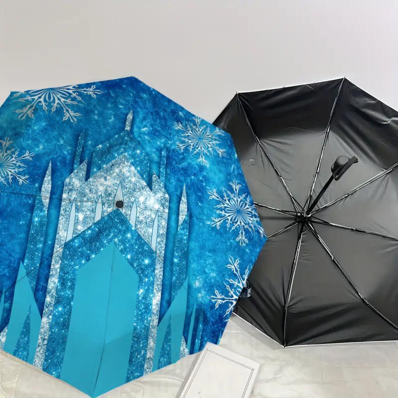 1pc Frozen Castle Snowflakes Automatic Folding Umbrella, Heavy Duty 8 Rib Iron Frame, Suitable for Travel, Daily Use, Birthday, Decor Gift M0104006