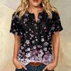 Women’s Fashion Printed Henley Neck Short Sleeve Cotton Linen Shirt with Chest Pocket and Button Front Design for Casual Wear
