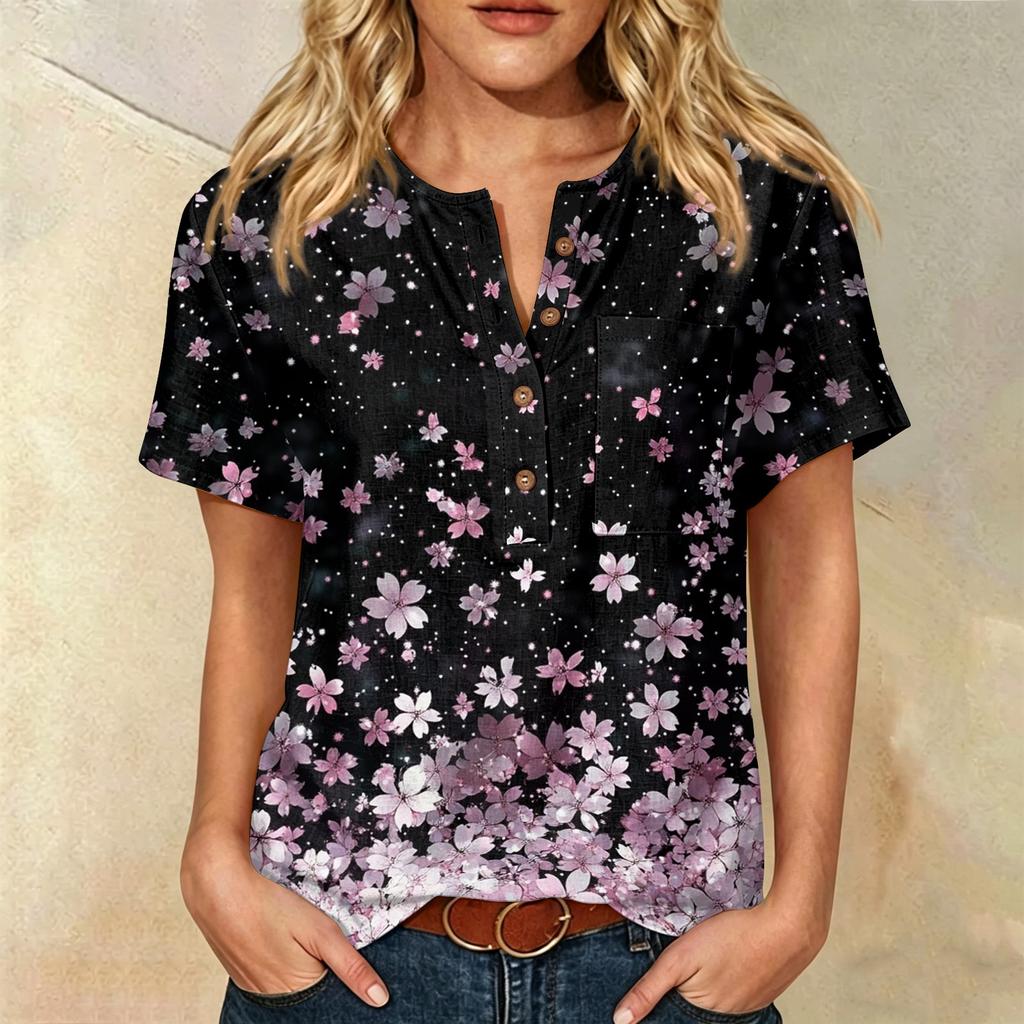 Women’s Fashion Printed Henley Neck Short Sleeve Cotton Linen Shirt with Chest Pocket and Button Front Design for Casual Wear