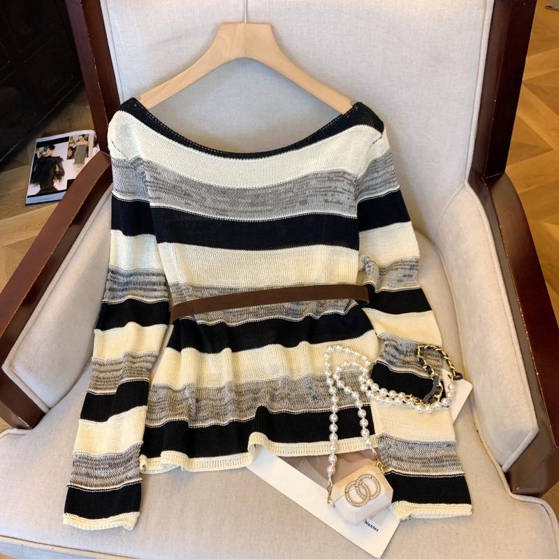 Striped Pullover Knitted Women's Autumn Top with Shawl Two-piece Set