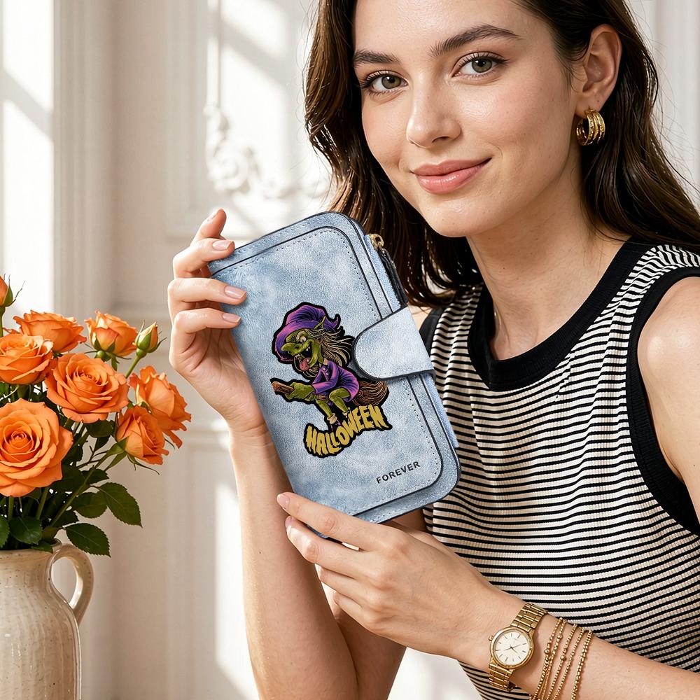 Halloween Witch Pattern Long Wallet Fashion Portable Card Holder Purse