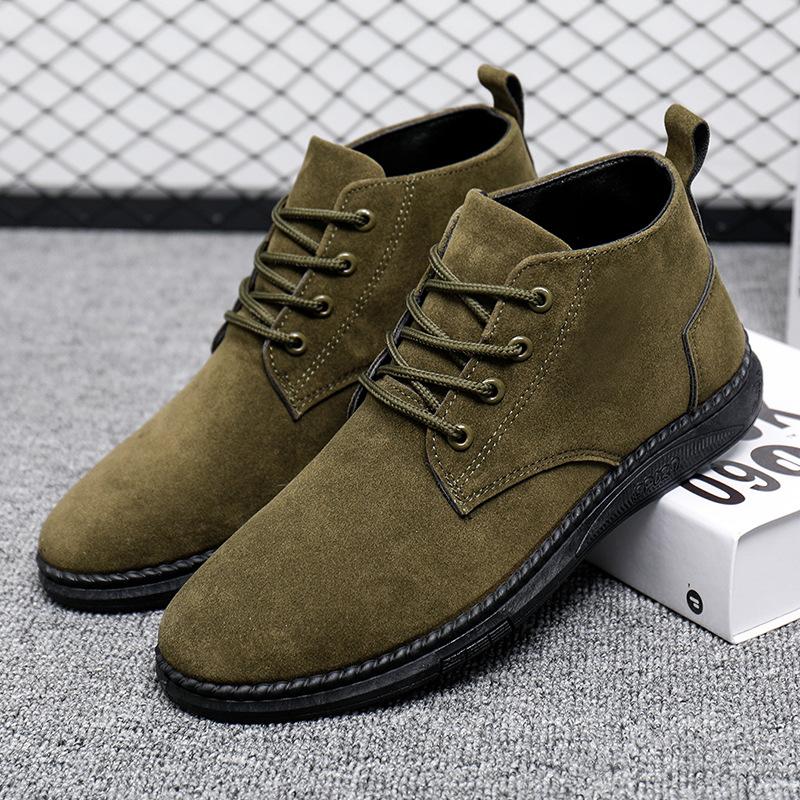 High Top Casual Board Shoes Men's Lace Up Suede Black Flat Bottom Short Boots Men's Boots