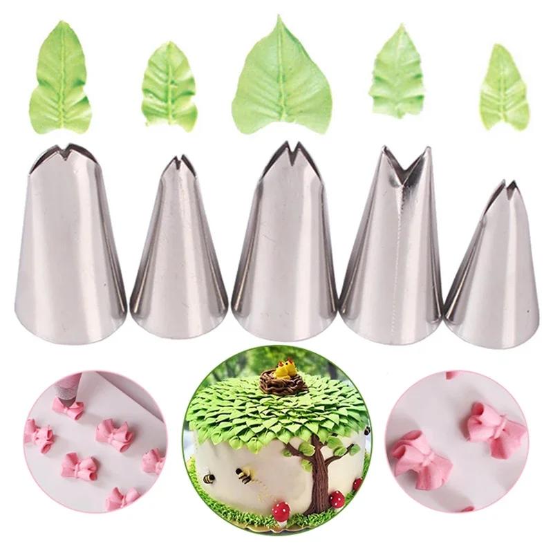 5 Stück Edelstahl Spritztüllen für Sahne, Blätter, Schleifen, Kuchen Dekoration, Gebäckspitzen, Küchenhelfer