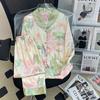 Casual Spring And Summer New Ice Silk Pajamas Women'S Sweet Printing Long-Sleeved Trousers Silk Loungewear Set