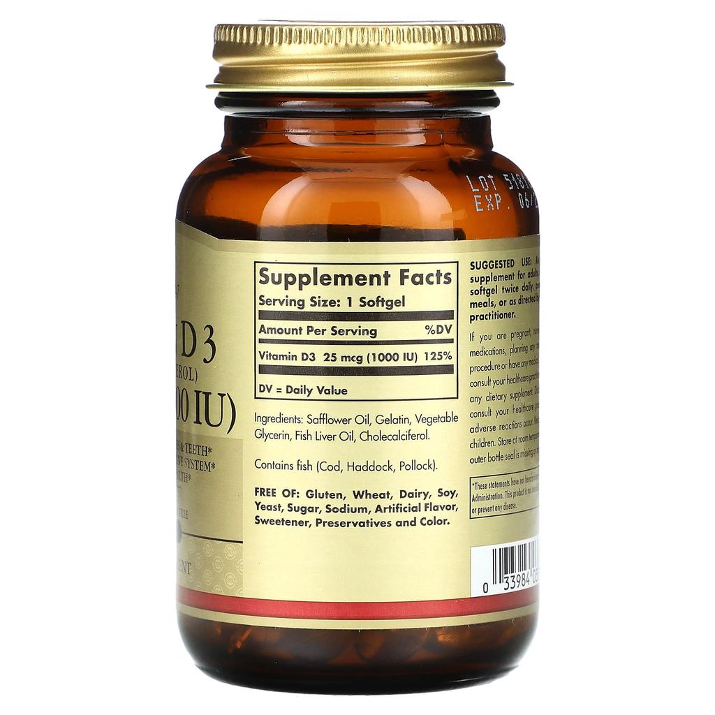 Solgar, Vitamin D3 (cholecalciferol), 25 Mcg (1,000 IU), 100 Softgels