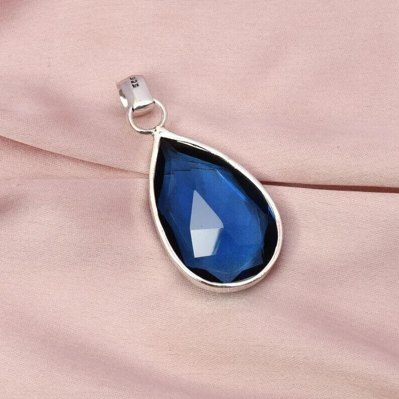 Blauer Saphir Edelstein Handgemachte Halskette 925 Sterling Silber Tropfen Anhänger