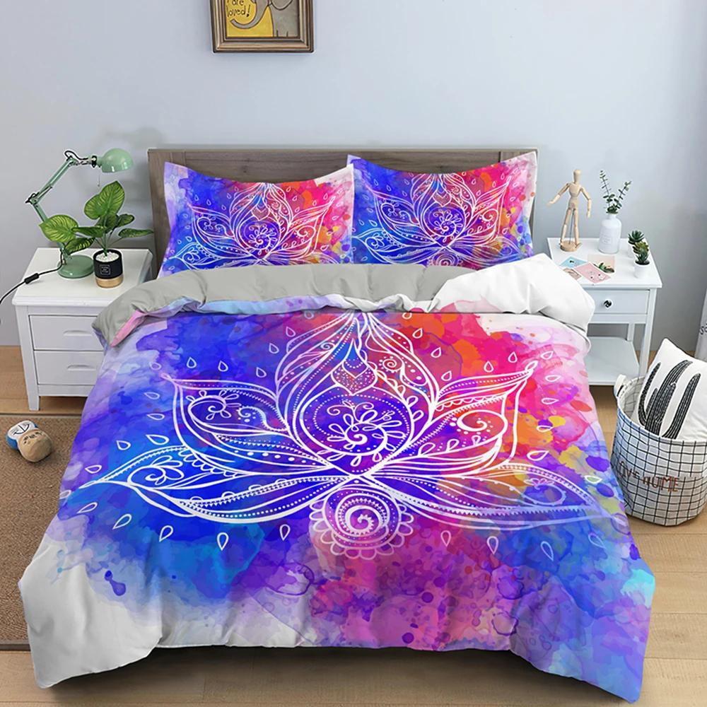 2/3pcs Bed Set Bohemian Lotus Duvet Cover Set Mandala Flower Quilt Cover Adult Black Polyester Bedding Set Queen King Twin Teens