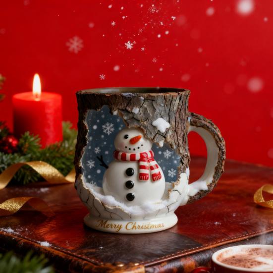Slavnostní vánoční hrnek 3D textura kůry stromu tématický Santa sob kávový šálek pryskyřice sváteční dekorace novinka dárky