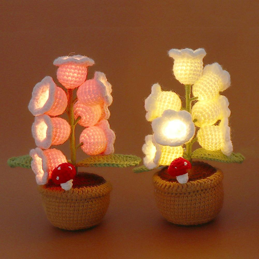 Knitted Bell Orchid With Light Creative Crochet Flowers Potted Handwoven Fake Flower Party Table Decor Mothers Day Gift