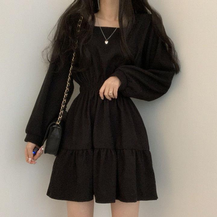 Ein quadratischer Ausschnitt, Schlankmachendes, Plissiertes, Jugendliches, Lockeres, Hochtailliertes, Retro, Zierliche Streetstyle-Kleid