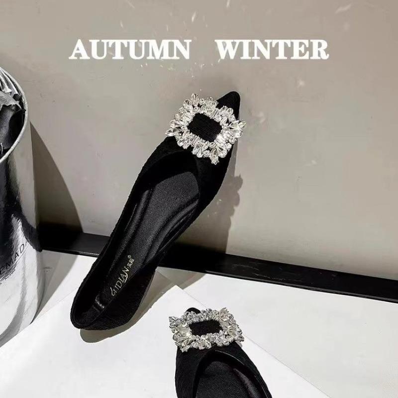 Fashion Banquet Temperament Rhinestone French Flat Shoes Women's Fashion Summer Large Size Black Pointed Shallow Mouth Shoes Boat Shoes