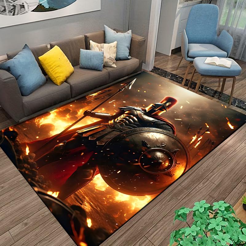 Warrior Rug with Gladiator Design and Flames Suitable for Use As an Anti-slip Game Mat for Living Room and Bedroom Sofas