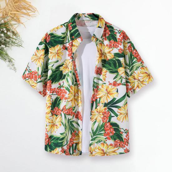 Casual Lapel Kortärmade Knappar Stängning Herrskjorta Sommar Blommiga Blad Tryckta Tunn Hawaiian Beach Skjorta Streetwear