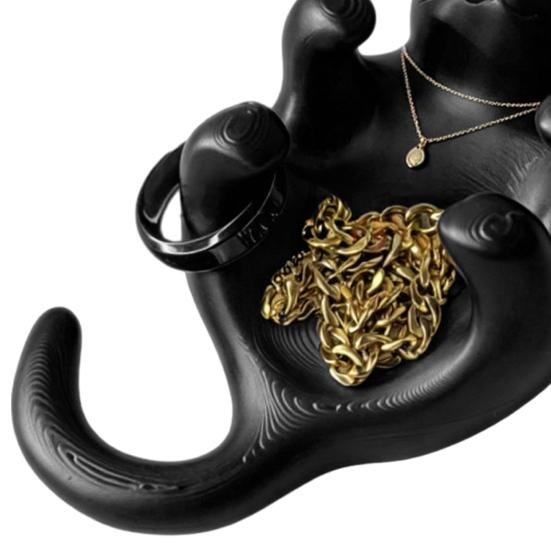 3D Printed Sculpted Black Cat Tray Cute Kitten Jewelry Trinket Dish with Hollow Belly Desktop Decorative Ring Holder for Earrings Bracelets Necklaces