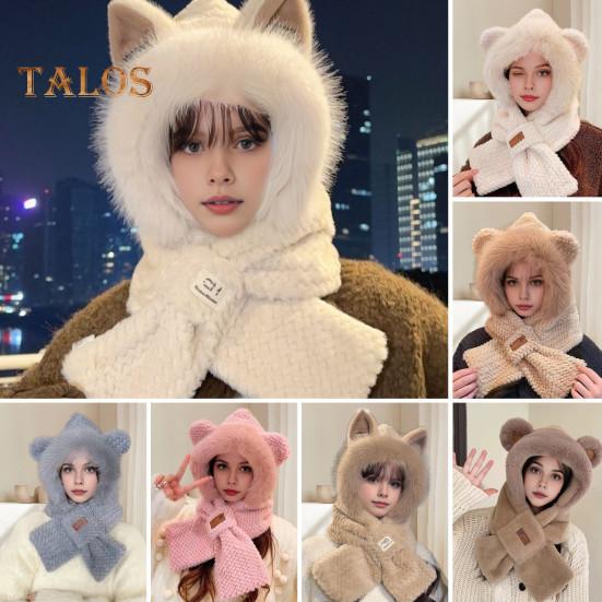 Integrierte Wintermütze und Schal für Damen, dickes Fleece, warm, Cartoon-Fuchsohren-Dekor, winddicht, vollständiger Schutz, Outdoor-Reisen, kaltes Wetter, Snowboarden