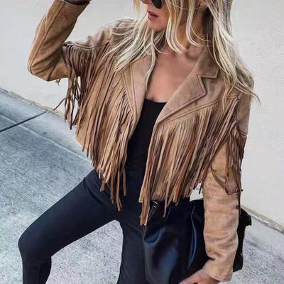 Women's Casual Tassel Jacket Long Sleeve Lapel Fringed Cropped Coat Faux