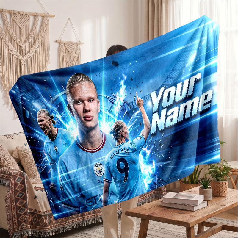 Erling Haaland Personalisierte Fleecedecke Mit Fußballlogo, Individueller Name Text Weich Warm Wohnzimmer Überwurfdecke