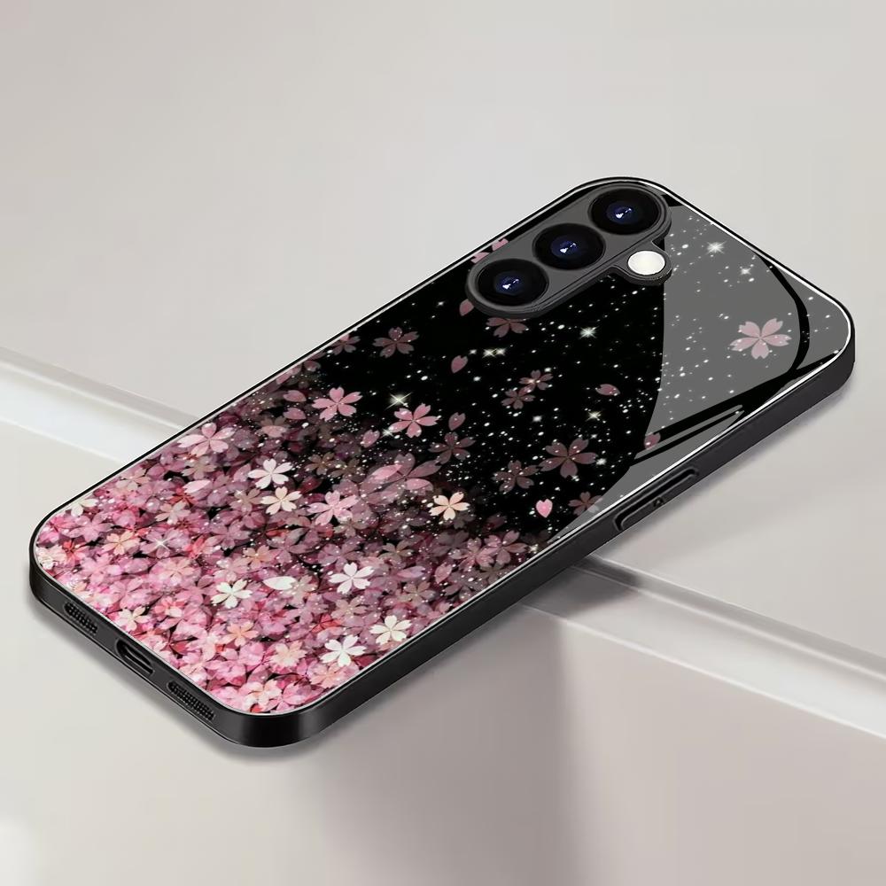 Flower Falling Tempered Glass Phone Case Suitable for Samsung Galaxy S26 S25 S24 S22 S21 S20 FE/Ultra/Plus Anti Fingerprint