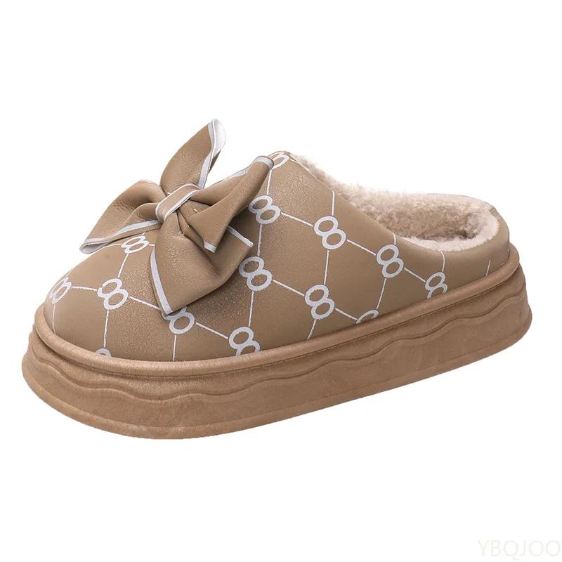 Chaussures en coton d'hiver pour femmes à la mode Nouvelles chaussures en coton pour la maison Chaud nœud Pantoufles mignonnes d'intérieur Antidérapantes Semelle épaisse Pantoufles en velours Mujer Zapatos