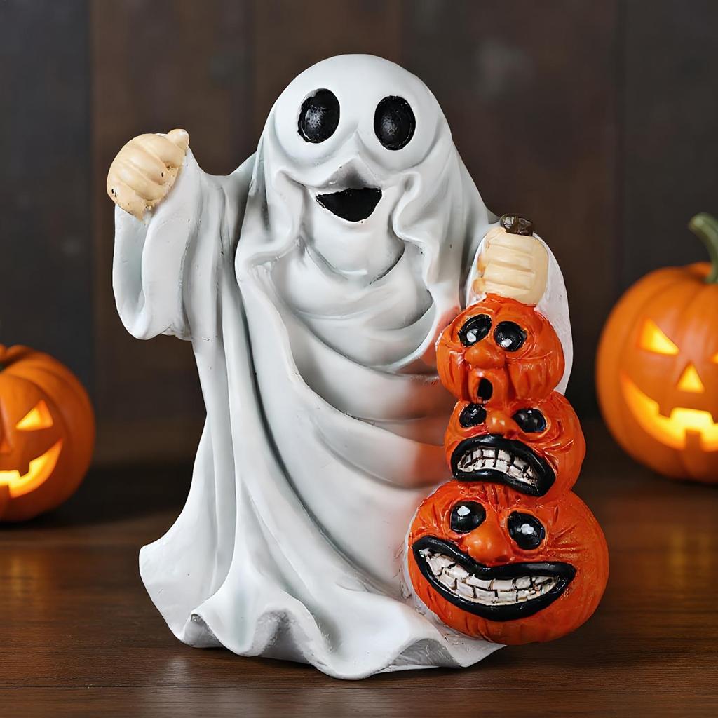 Halloween Ghost Pumpkins Ornaments Spooky Resin Pumpkins Statues Decorative Figurine For Haunted House Living Room Bedroom Study