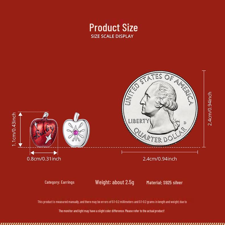 Yinziyun Asymmetrical Christmas Apple Earrings: S925 Sterling Silver Lucky Red Apple Studs