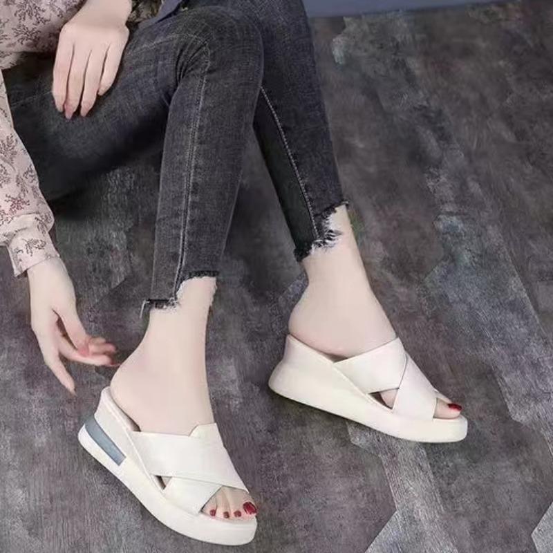 Fashion Round Head Wedge Slippers Women's Thick Sole Summer Fish Mouth High Heels Soft Leather Sandals