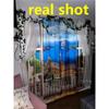 2pcs Sea Balcony Architectural Landscape Semi-shading Print Curtain For Living Room Bedroom Bathroom Home Decoration Grommet Top