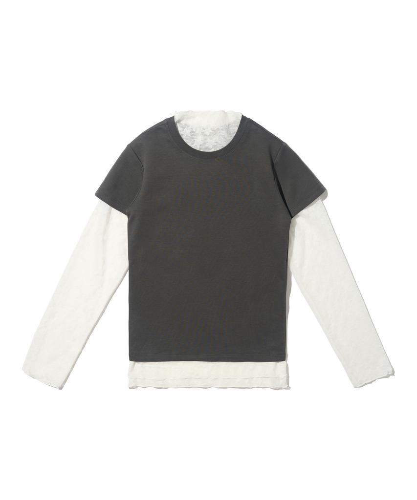 CARGOBROS FOR WOMAN Star See-Through Long Sleeve Layered Short Sleeve Tee Set (Ivory/Charcoal)