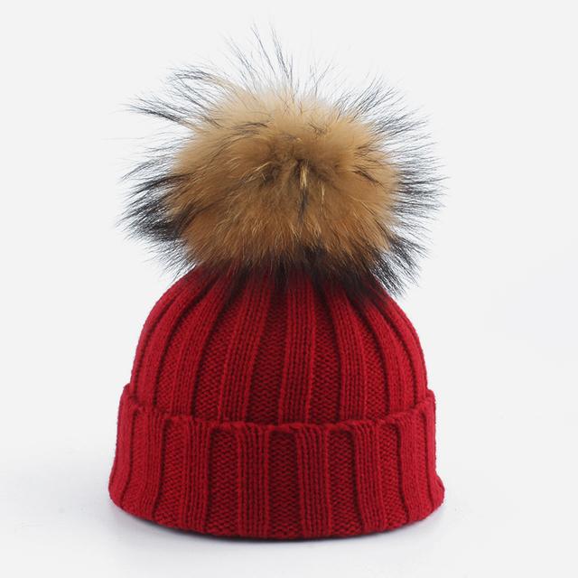 Winter Baby Hat Warm Knitted Hats For Kids Real Fur Pompom Beanie Solid Color Children Cap For Girls Boys