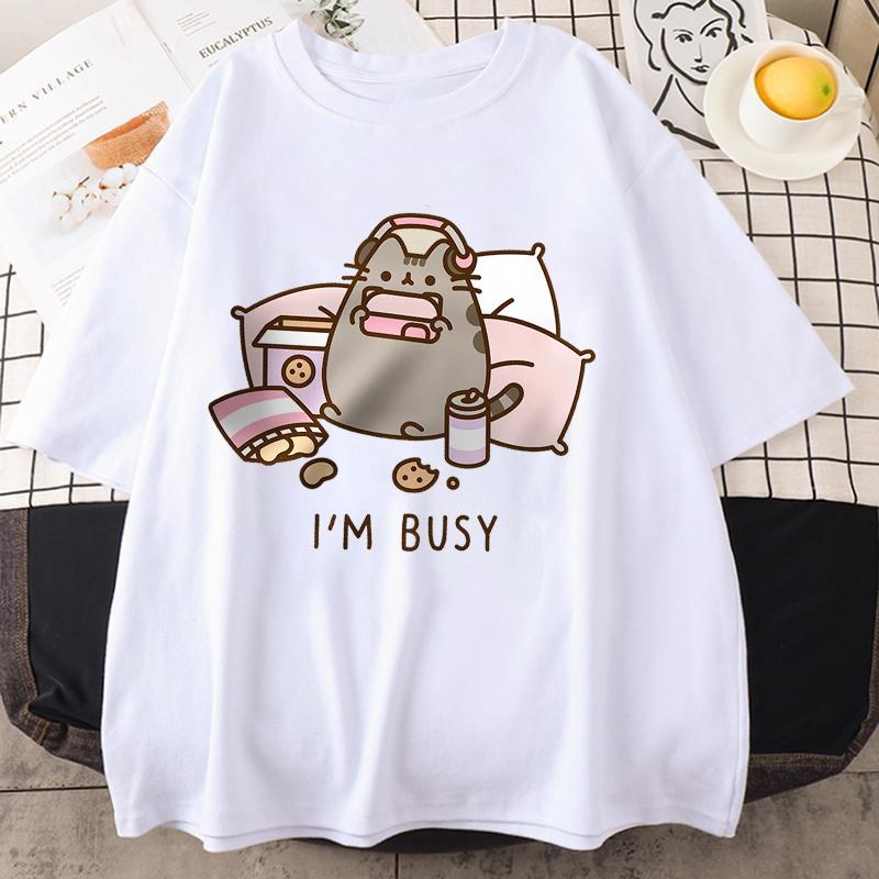 New Sorry I'M Busy Cat Playing Games With Headphones Man Women T Shirt High Quality Brand Clothing Loose T Shirts Tops Couple
