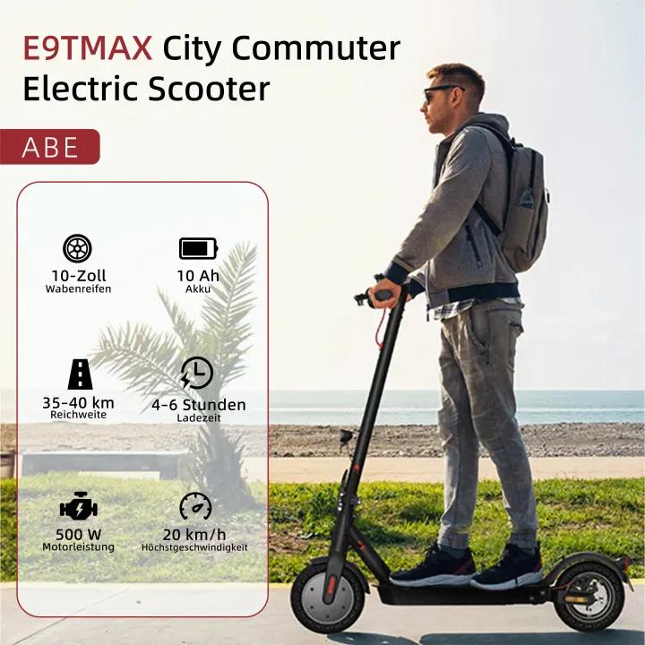 ABE E9TMAX Elektroroller 500W Motor 10Ah, 10'' Wabenreifen Frontantrieb Hinterradfederung, max. Geschwindigkeit 20 km/h Reichweite 35-40 km Elektroroller für Erwachsene