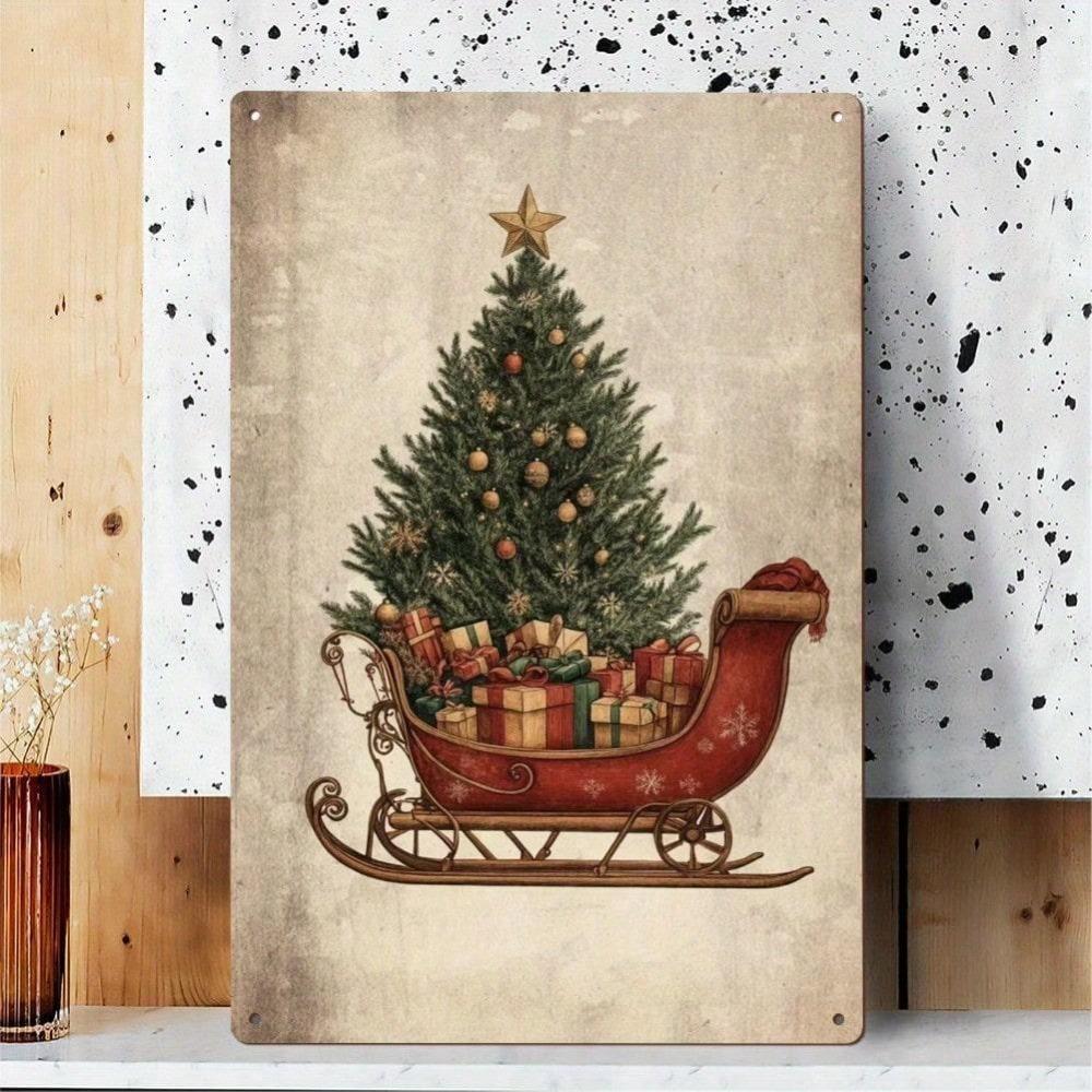 Vintage Santa Sleigh Metal Tin Sign 12x8 Inch Christmas Wall Art Home Decor