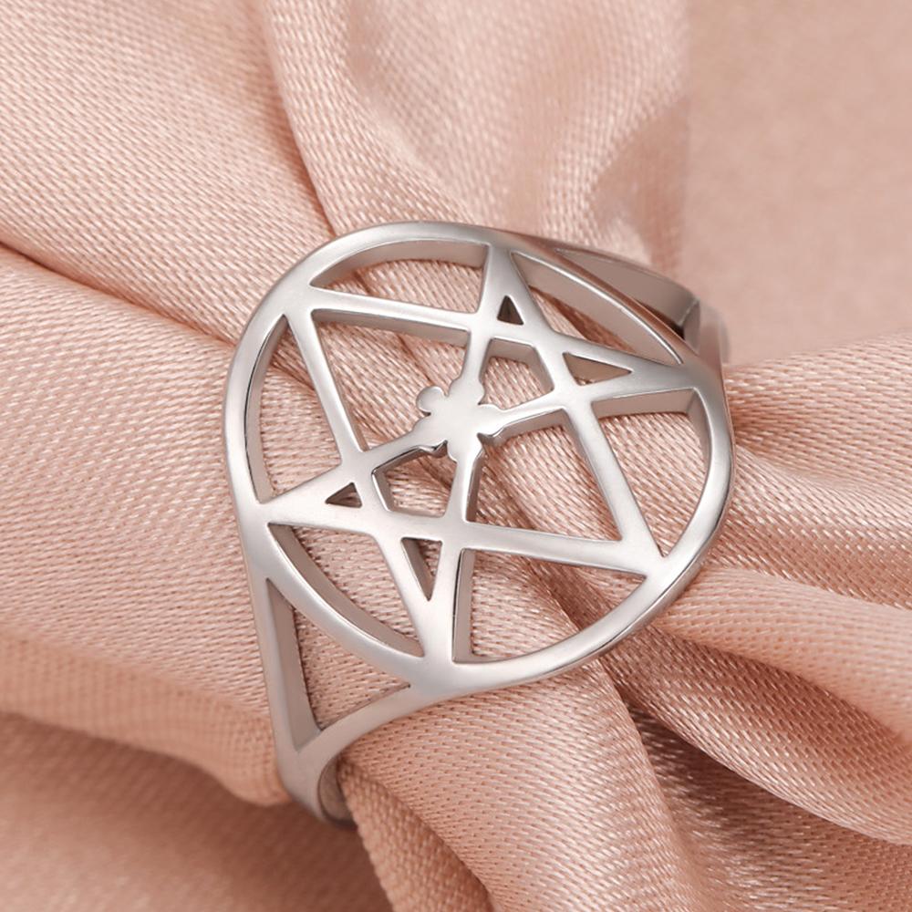 Dawapara Unicursaal Hexagram Symbool Roestvrij Staal Ring voor Mannen Vrouwen Thelema Heilige Geometrie Spirituele Sieraden
