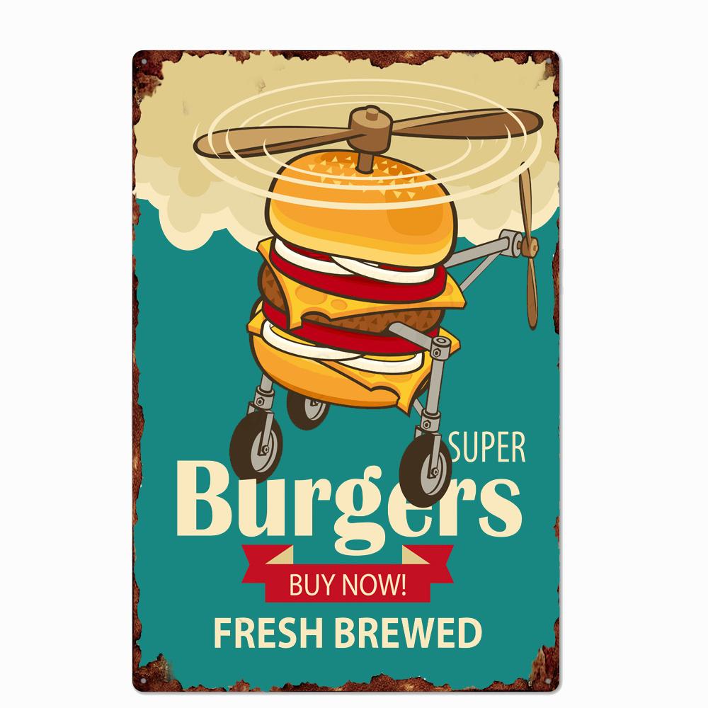 Shabby Chic Vintage Metal Tin Signs BBQ Fast Food  Hamburger Cupcake Pop Corn Hot Dog Wall Decor for Kitchen Cafe Diner Bar