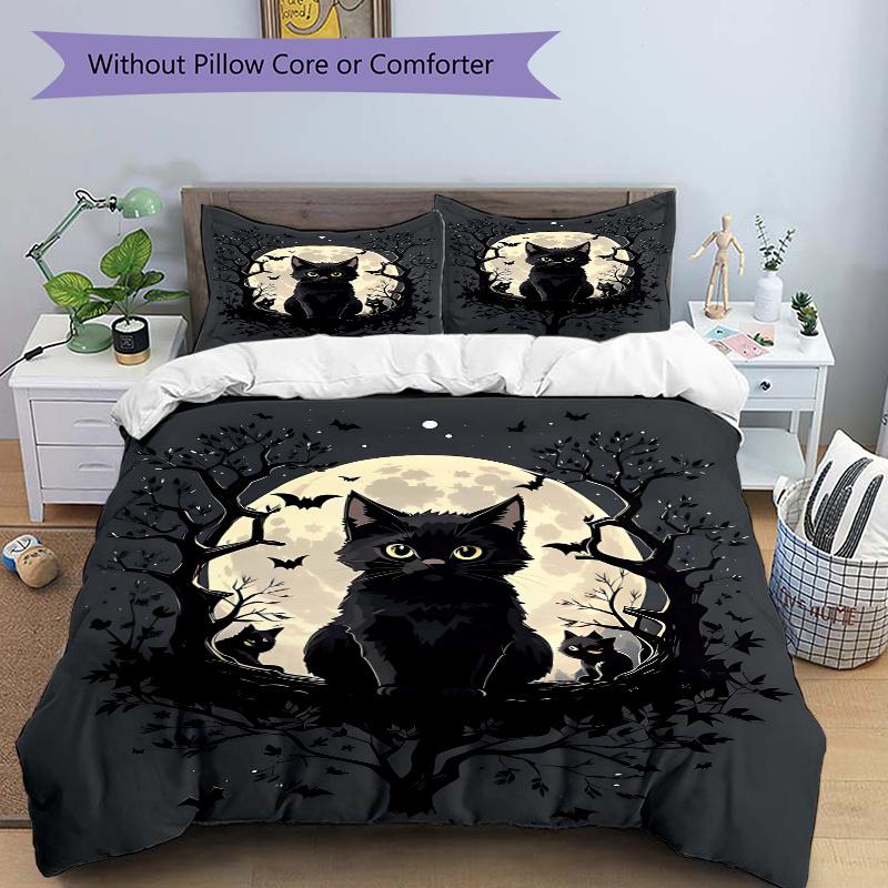 3pcs Moon and Black Cat Creative Design Printed Quilt Set - Soft and Comfortable Quilt Cover for Bedroom, Guest Room and Dormitory Decorativ