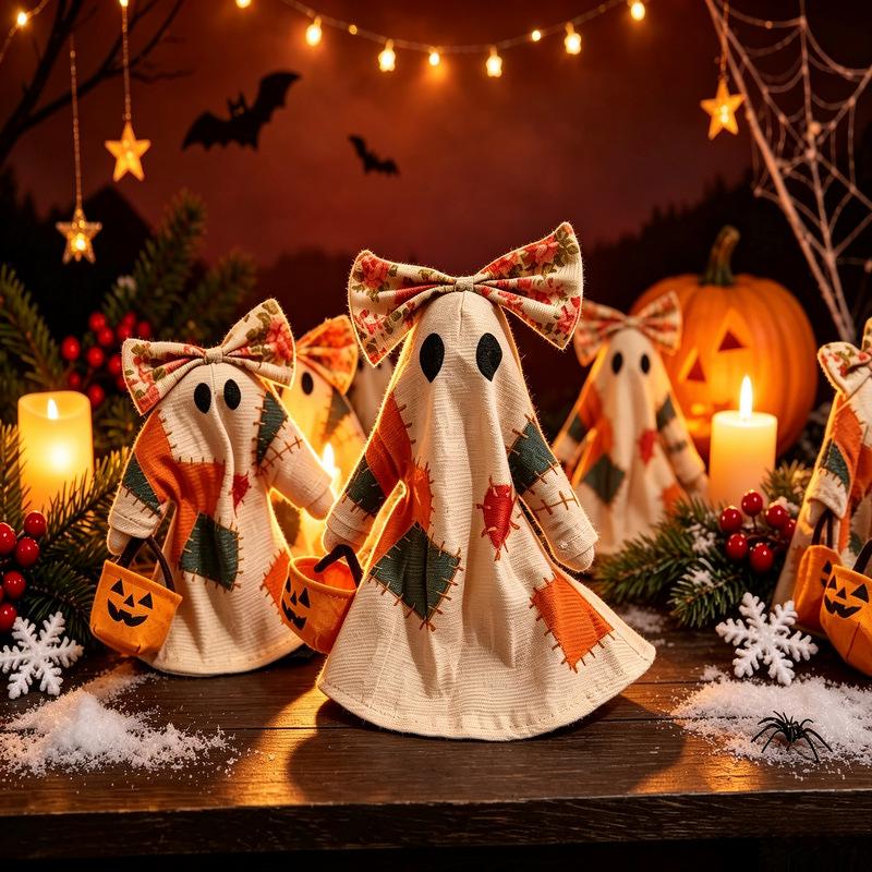 Halloween Stoffen Spookbeeldje, Schattige Pompoenemmer Decoratie in Vorm van een Strik, Creatief Tafeldecoratie Accessoire