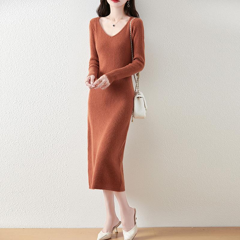 Women Sweater Dress 100% Wool MODERN NEW SAGA V-neck Knit Long Pullover Winter Jumpers Wool Long Dress Female