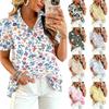 Women Ruffle V Neck Printed Blouse Short Sleeve Casual Loose Fit Button Down Lightweight Top for Daily Wear