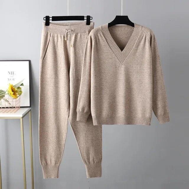 Two Piece Women Knit Sport Suits V Neck Women Sweater Drawstring Harem Pants Jogging Pants Pullover Sweater Set Knitted Outwear